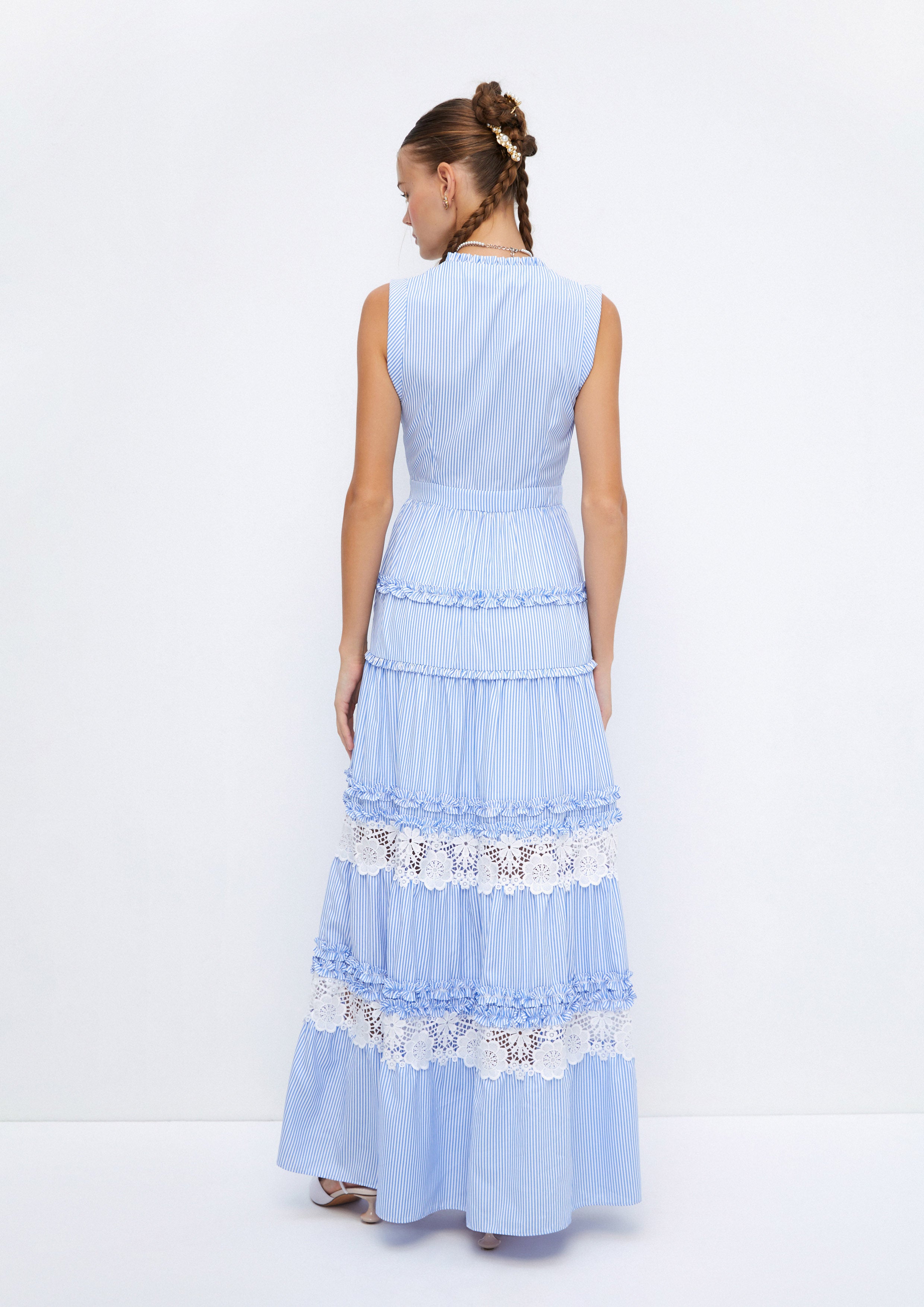 Stripe Lace Ruffle Tiered Sleevelesss Maxi Dress Soleviva Vacation Collection