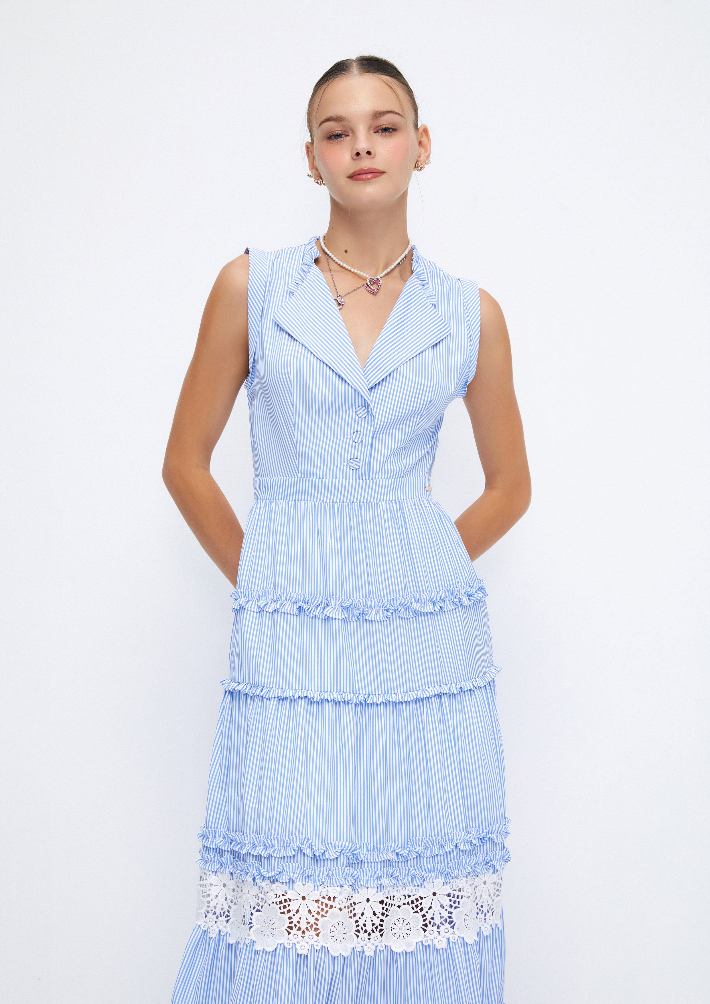 Stripe Lace Ruffle Tiered Sleevelesss Maxi Dress Soleviva Vacation Collection