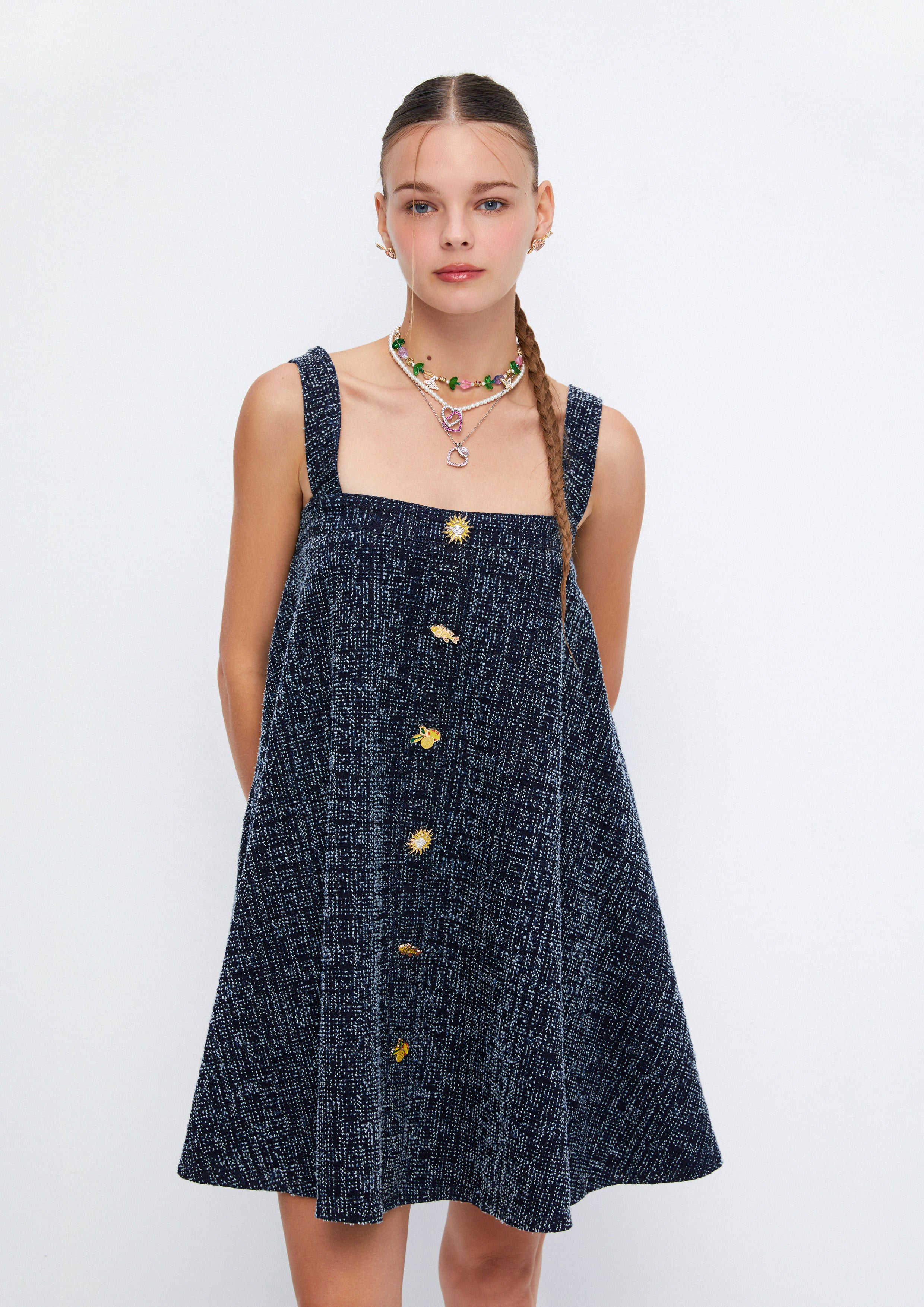 Decorative Charms Embroidery A-Line Mini Pinafore Dress Soleviva Vacation Collection