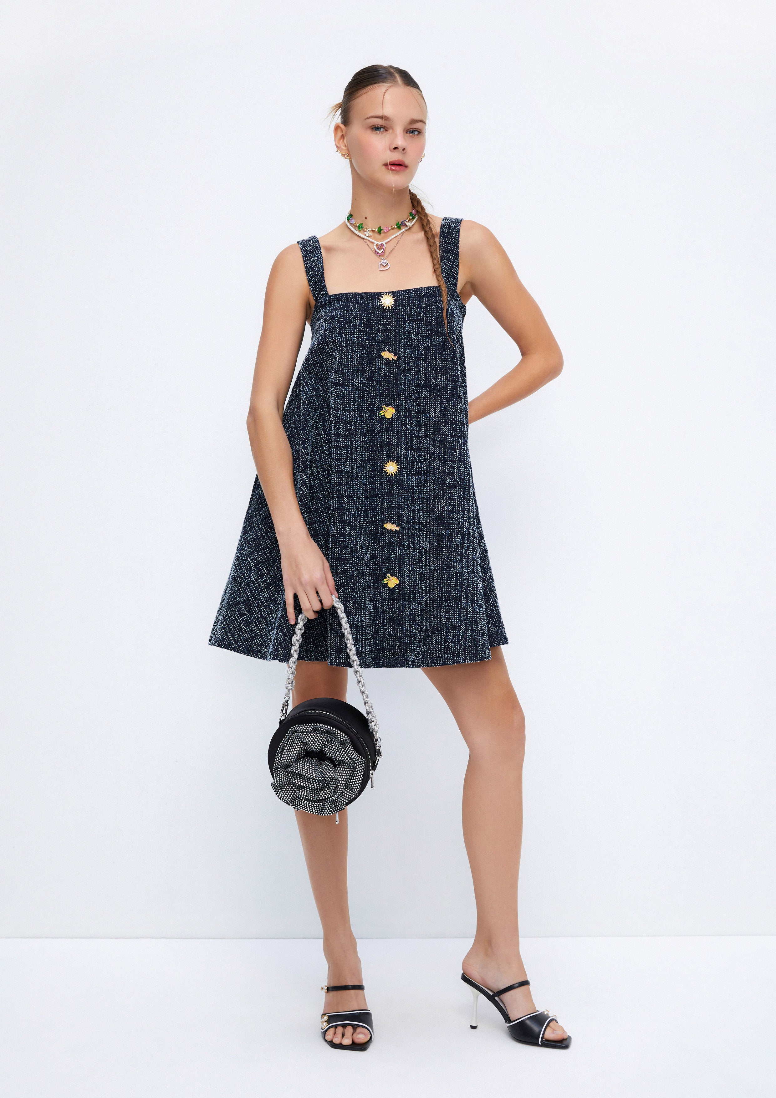 Decorative Charms Embroidery A-Line Mini Pinafore Dress Soleviva Vacation Collection