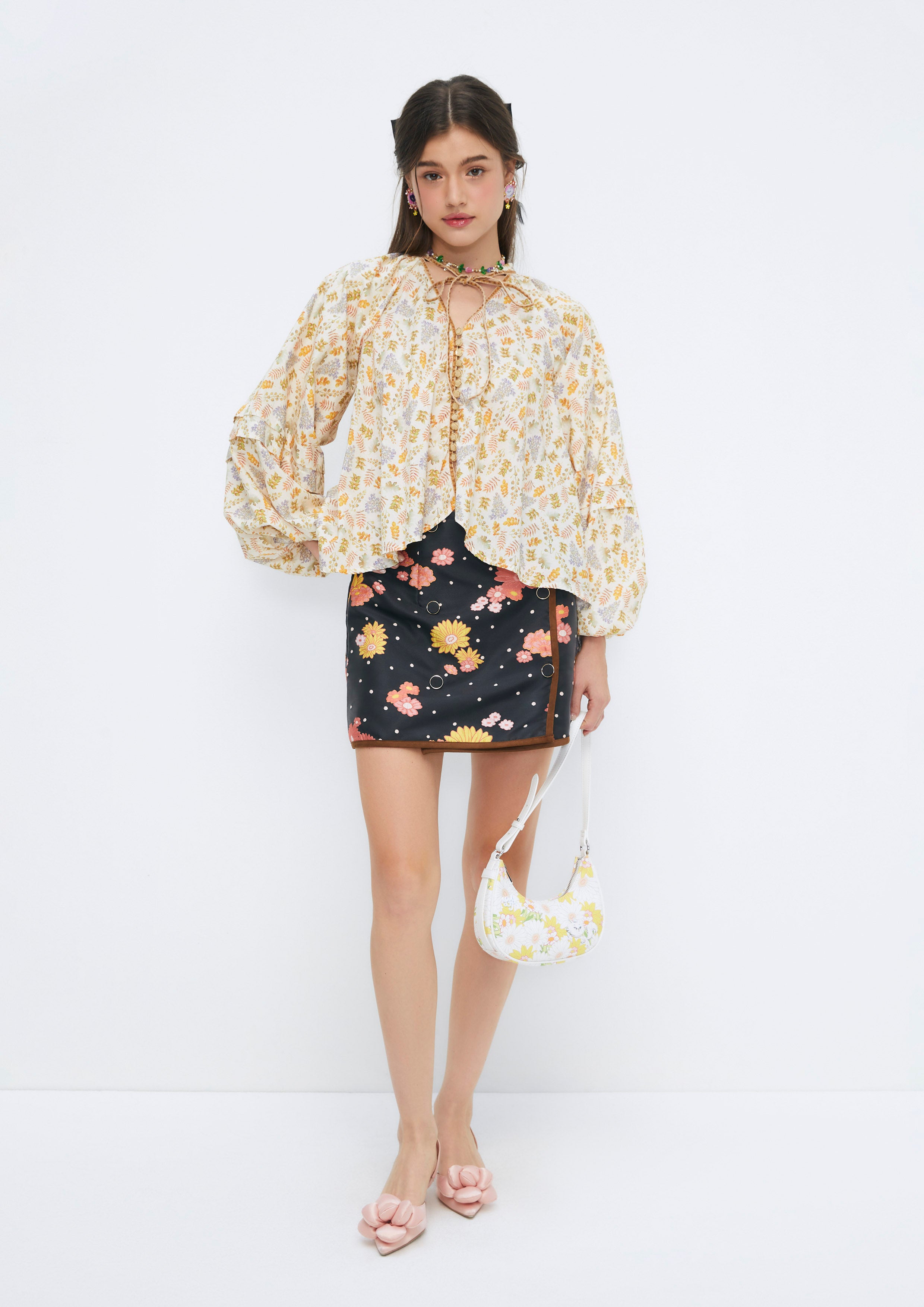 Floral Printed Long Puffed Sleeve Blouse Soleviva Vacation Collection