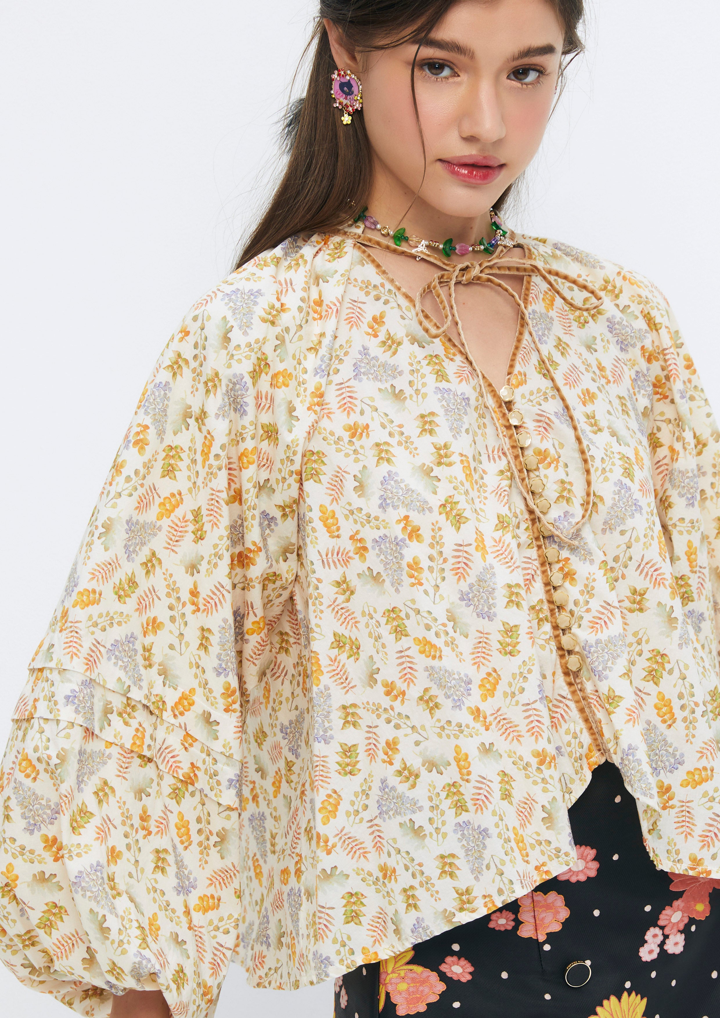 Floral Printed Long Puffed Sleeve Blouse Soleviva Vacation Collection