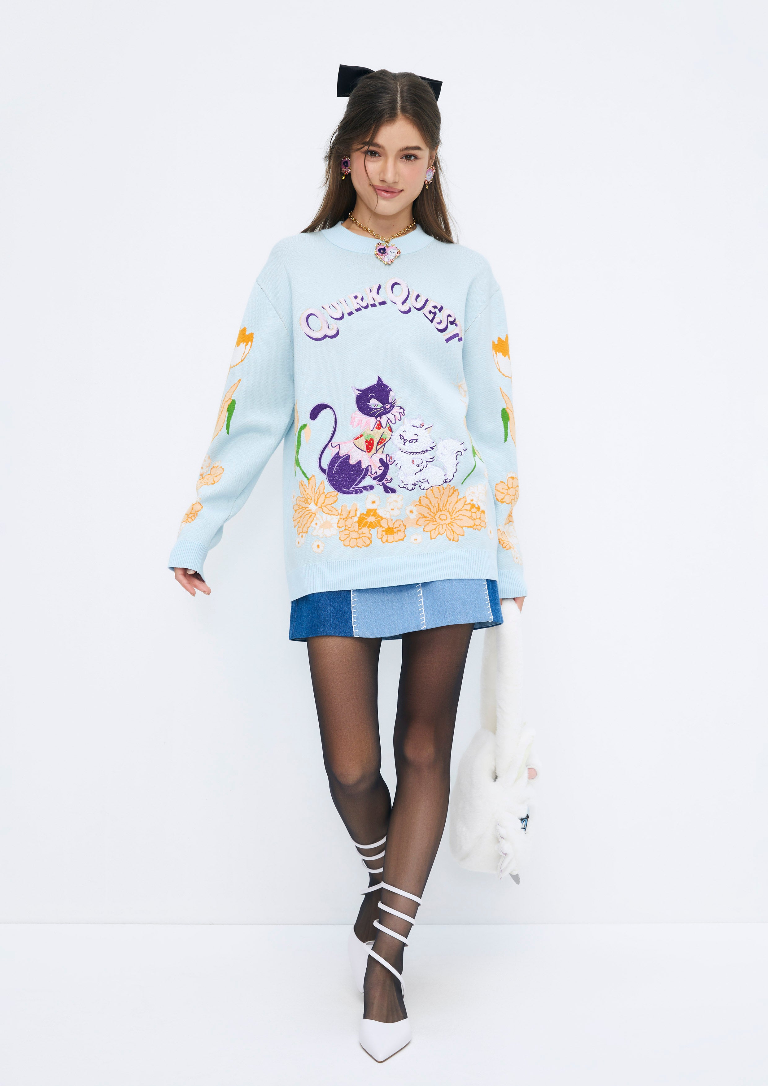 Feline Charm Printed Pullover Quirk Quest Collection