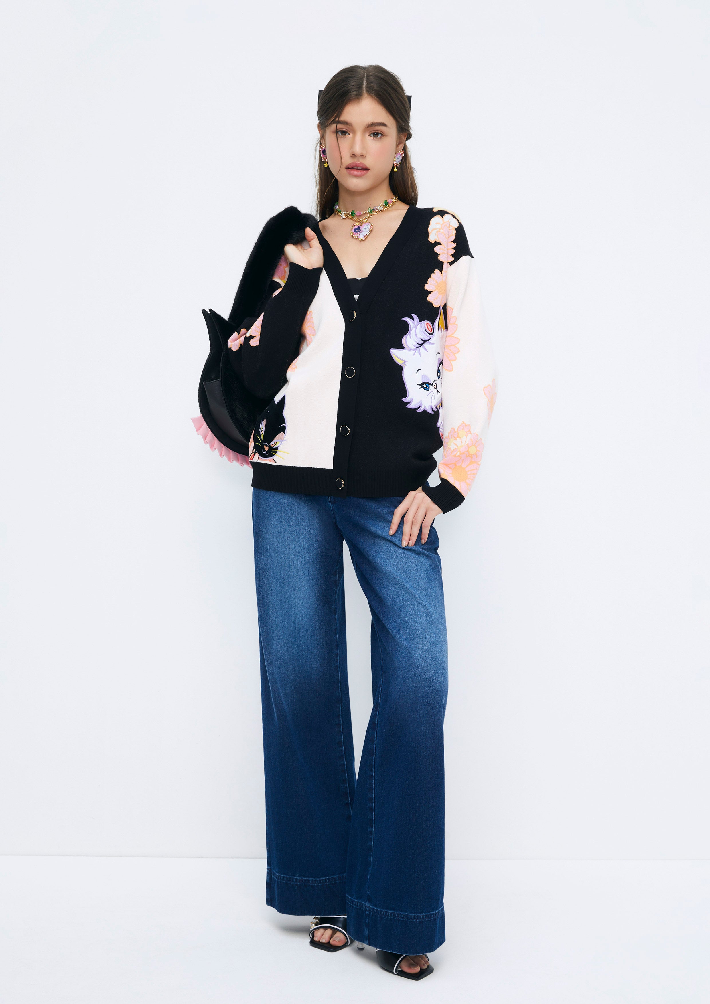 Floral and Feline Printed Cardigan Quirk Quest Collection