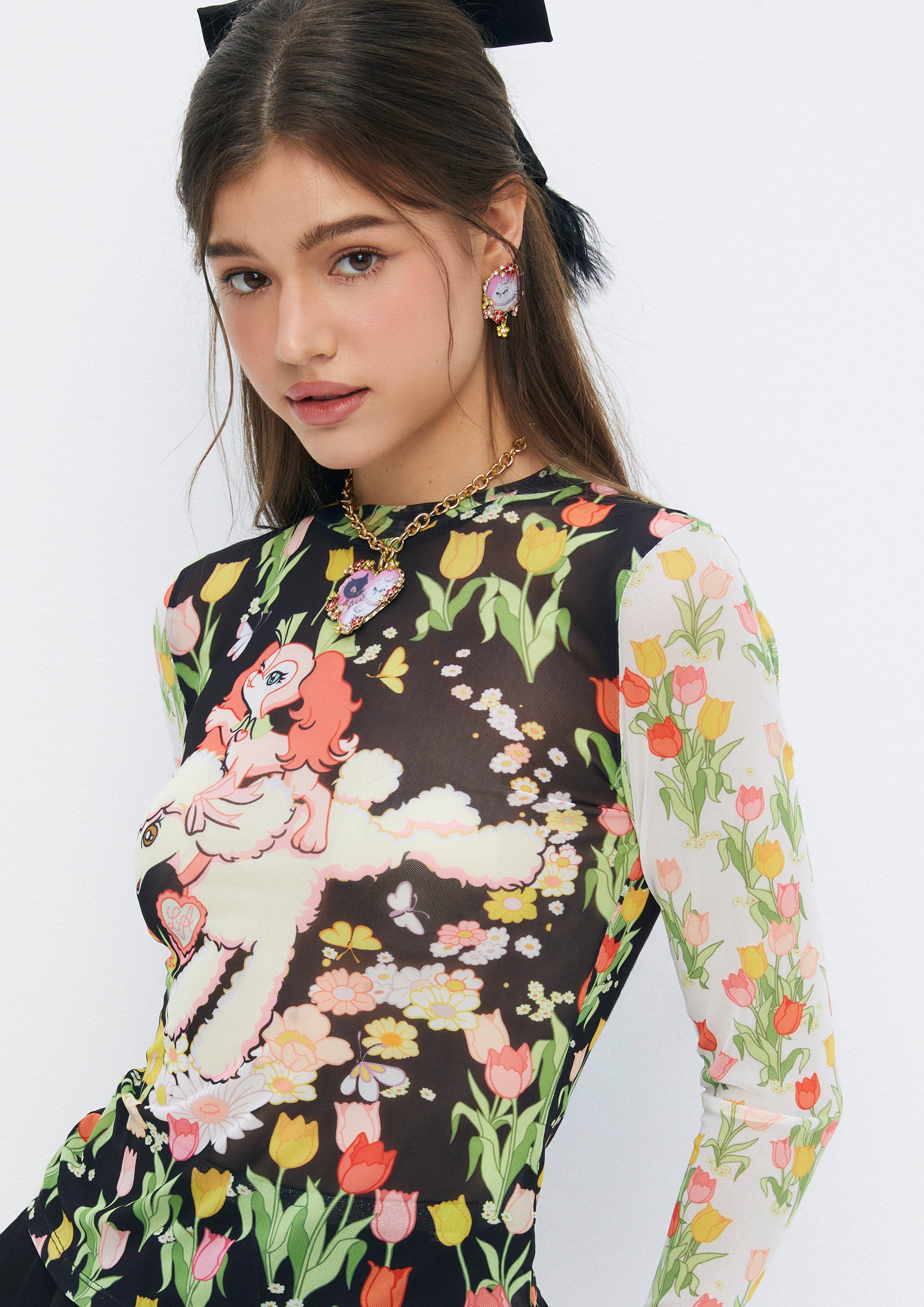 Floral and Canine Sheer Long Sleeve Top Quirk Quest Collection