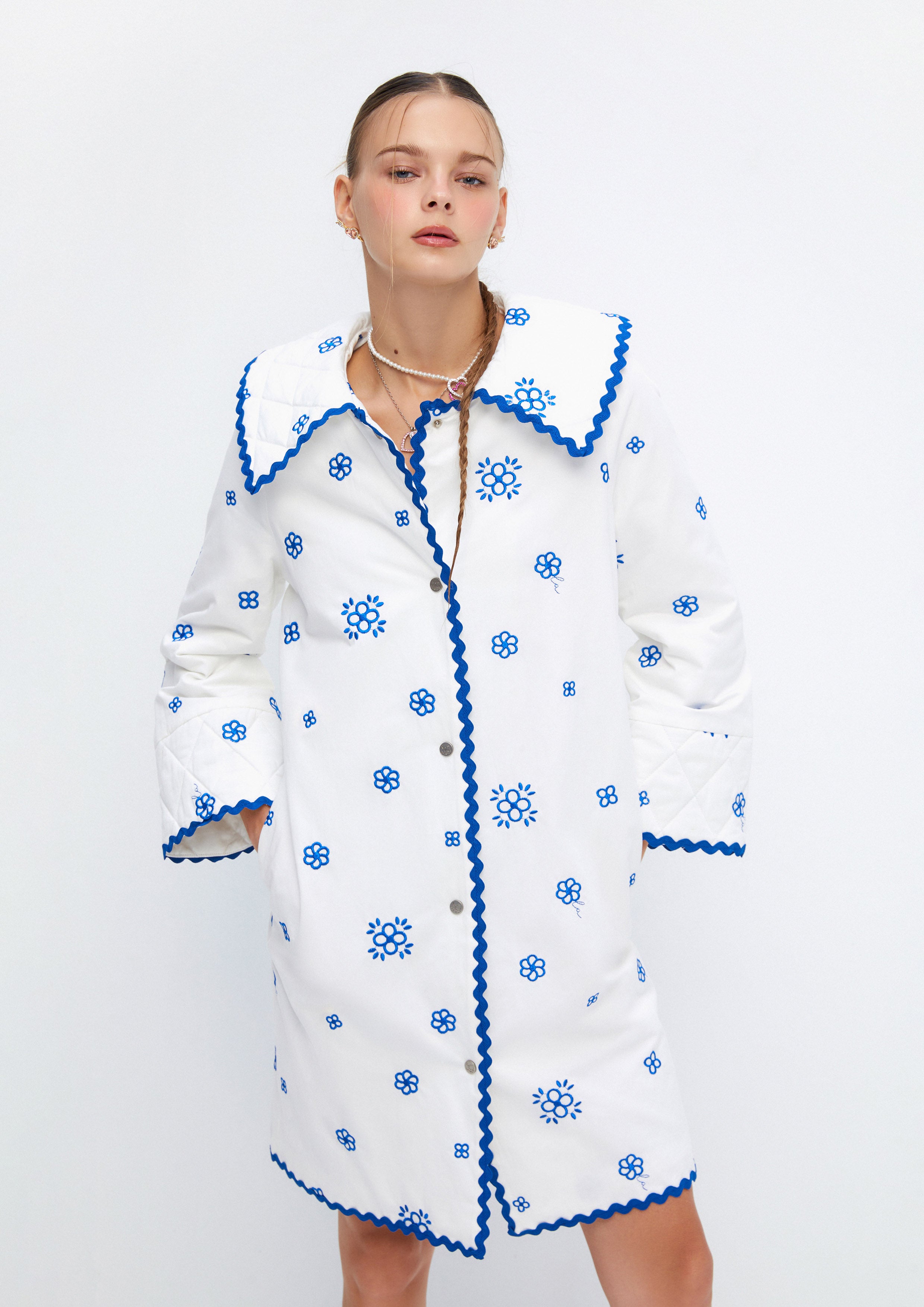 Blue Daisy Printed Long Sleeve Shirt Dress Soleviva Vacation Collection