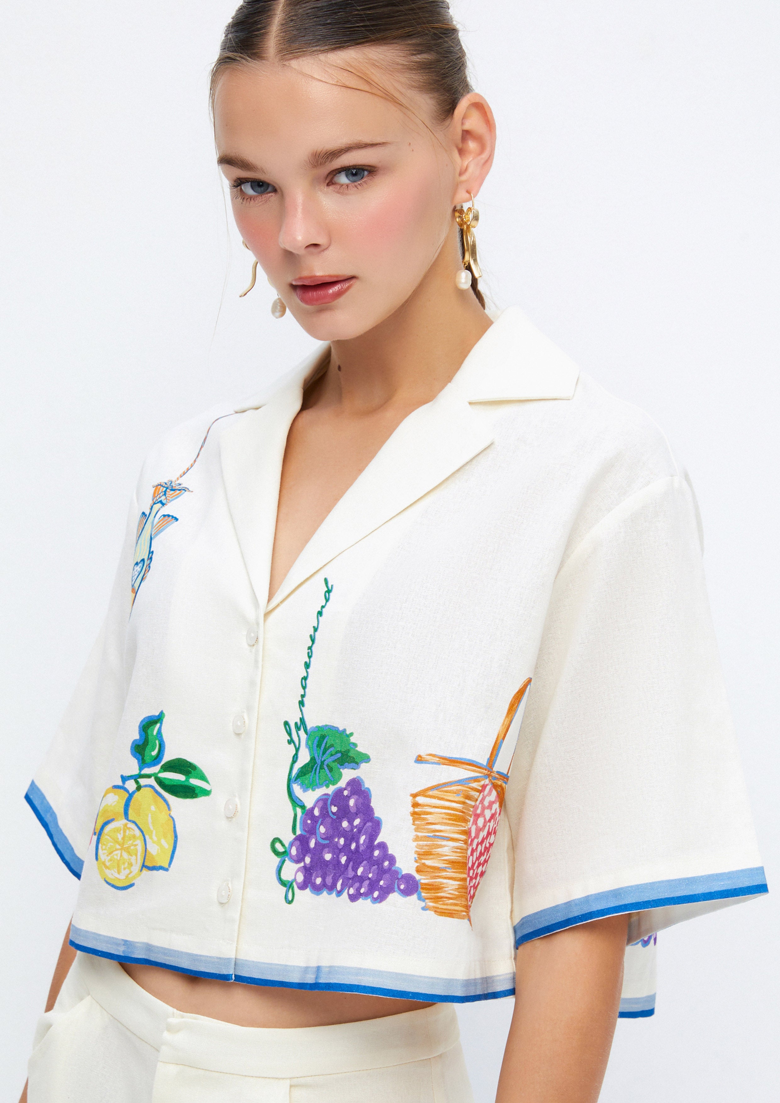 Garden Picnic Printed Short Sleeve Cropped Shirt Soleviva Vacation Collection