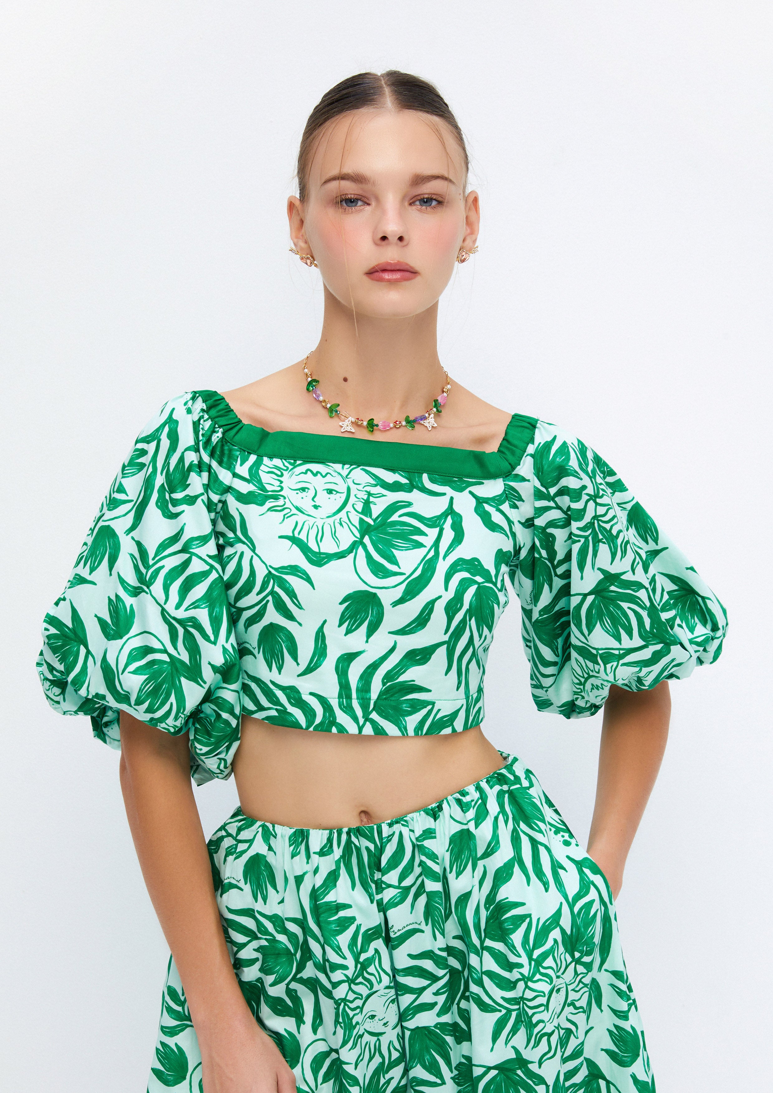 Solar Garden Printed Puff-Sleeve Cropped Top Soleviva Vacation Collection