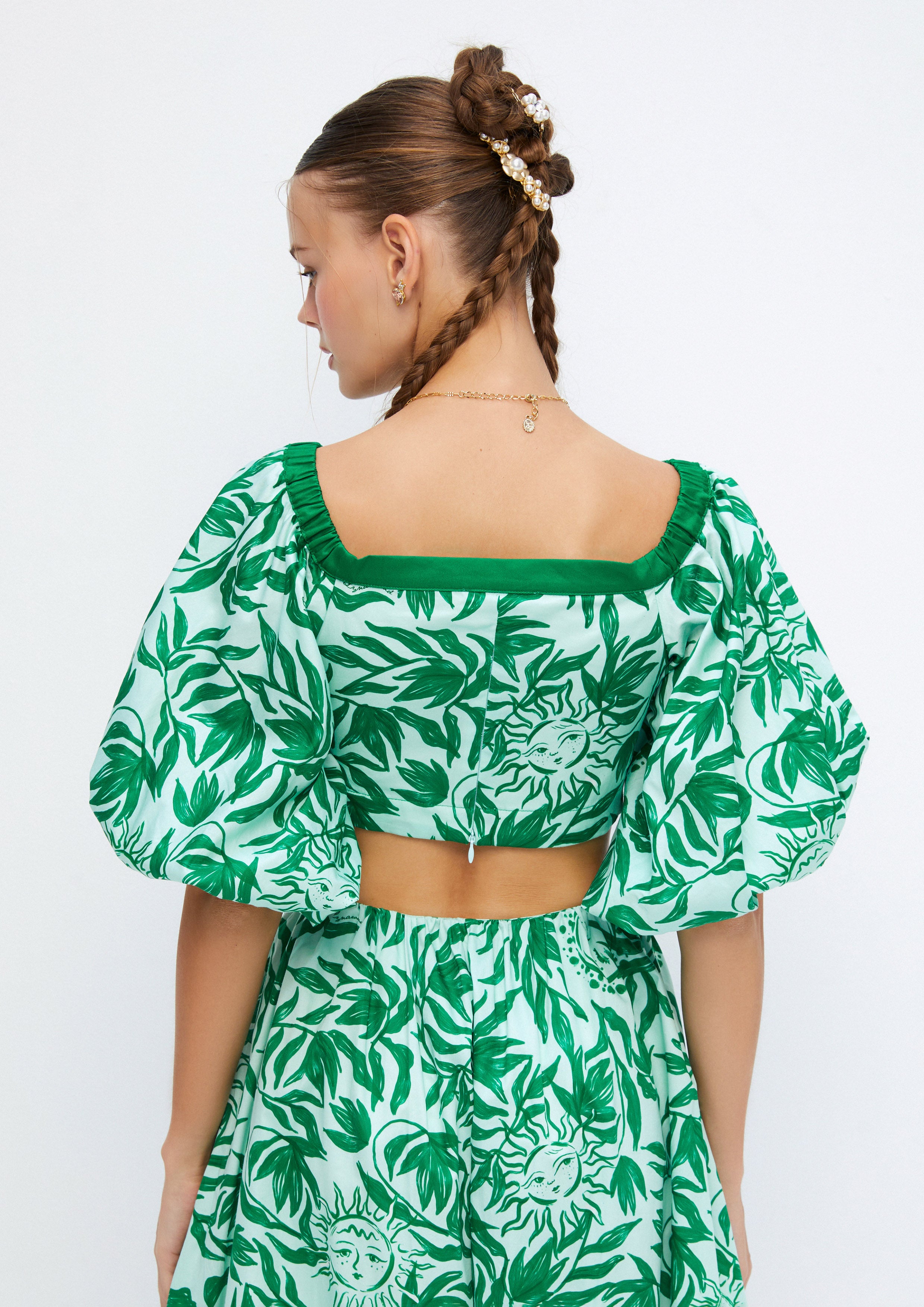 Solar Garden Printed Puff-Sleeve Cropped Top Soleviva Vacation Collection