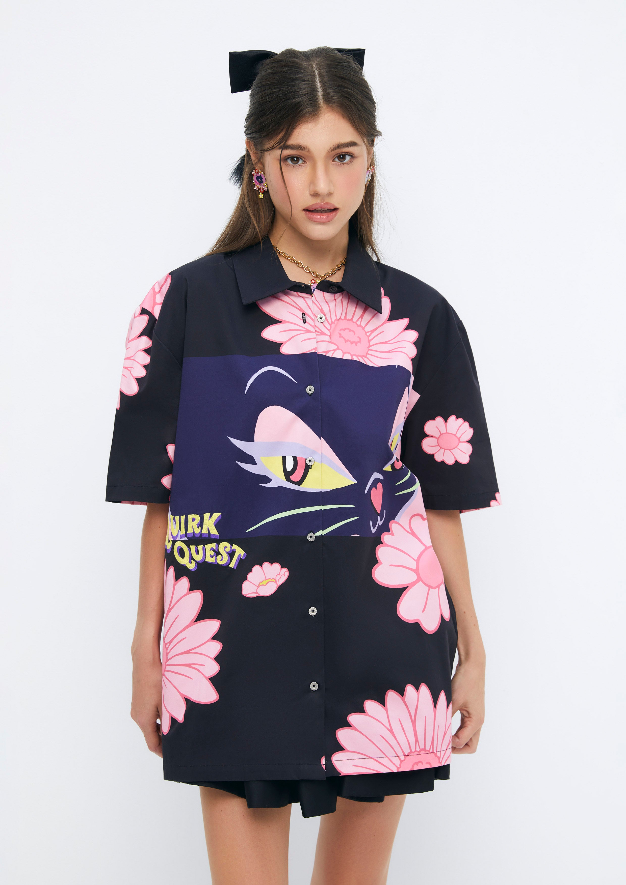 Floral and Feline Printed Short Sleeve Shirt Quirk Quest Collection