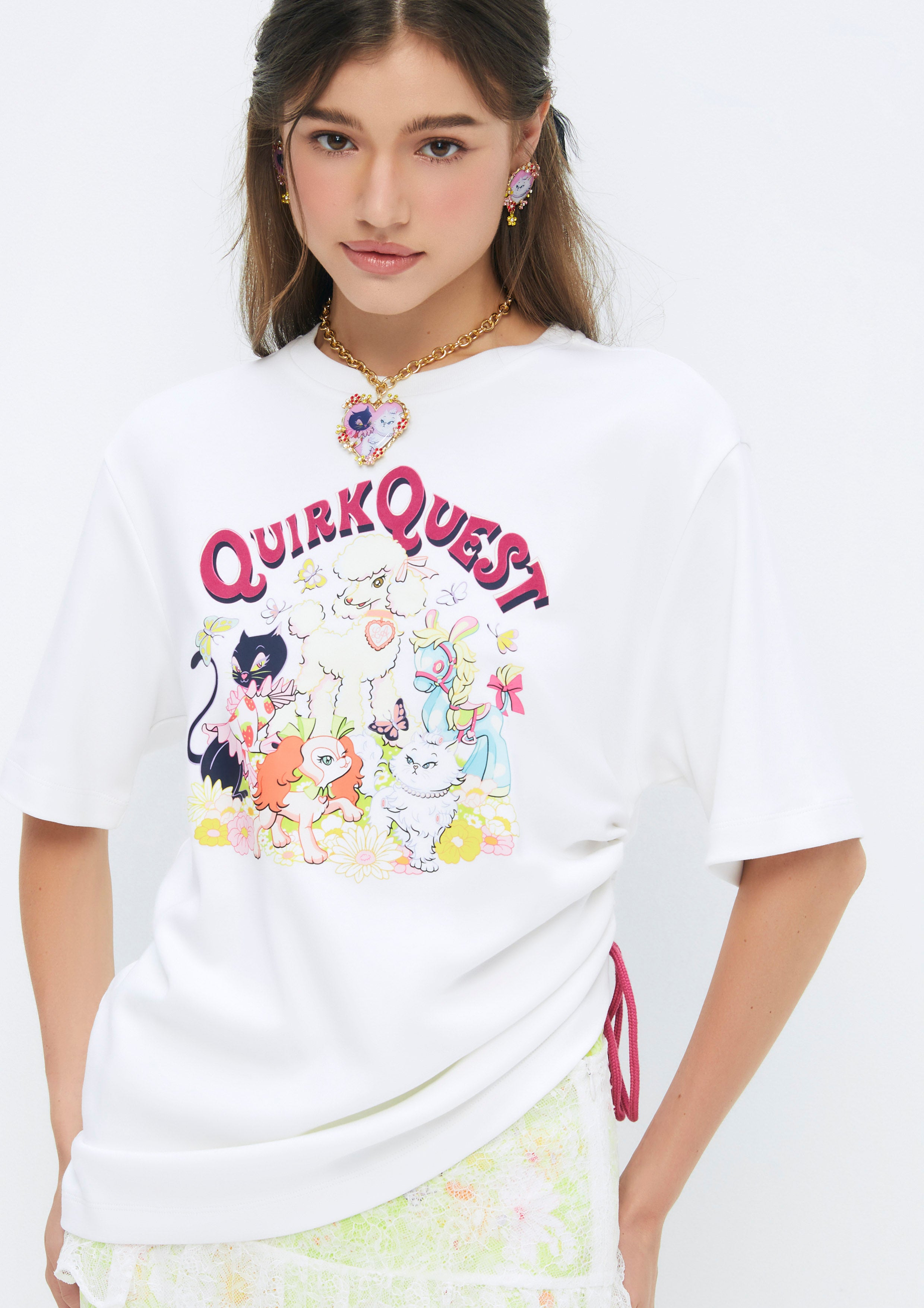 เสื้อยืดแต่งเชือกรูดด้านข้างพิมพ์ลายสัตว์ คอลเลกชัน Quirk Quest