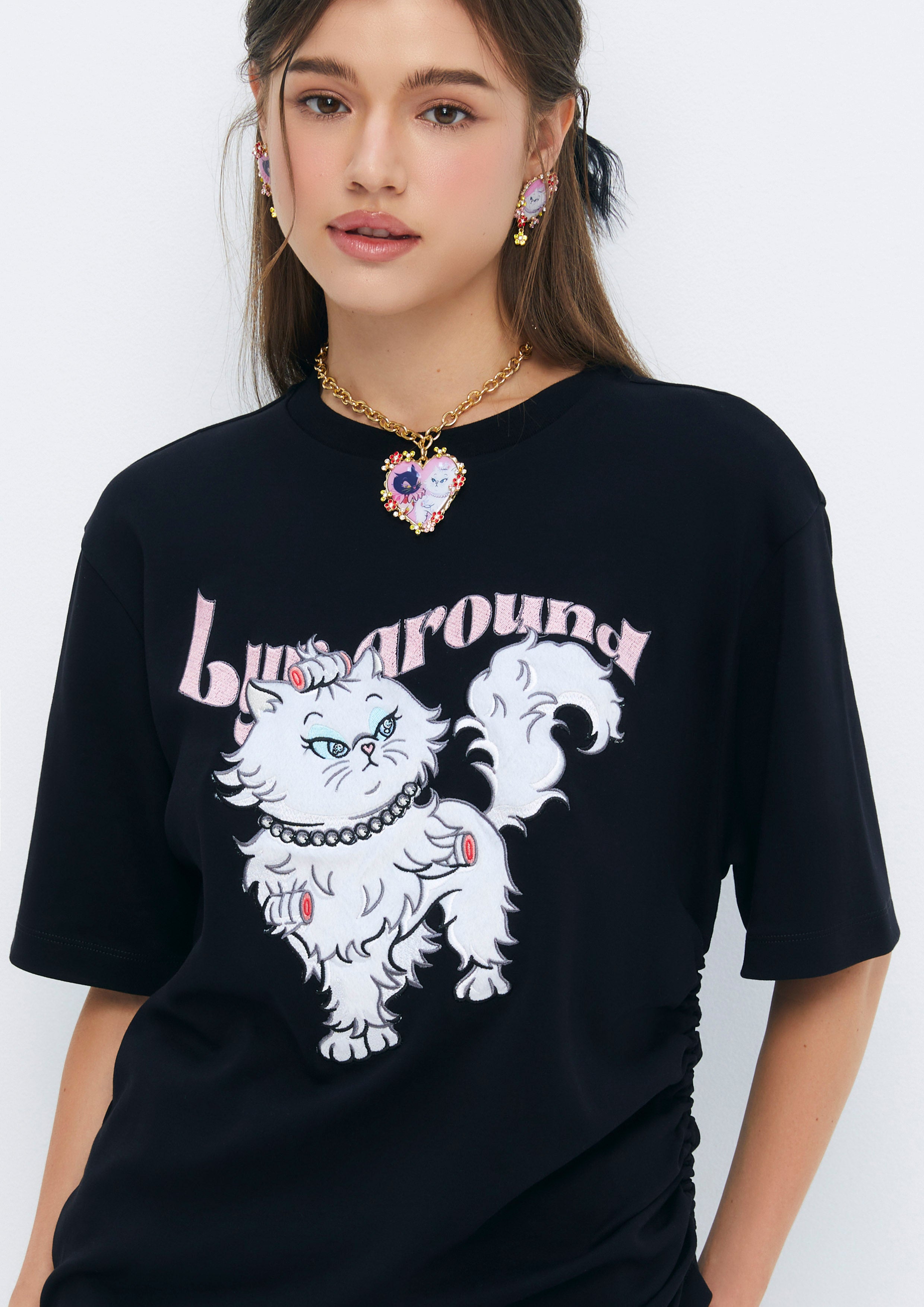 Feline Charm Side Drawstring T-Shirt Quirk Quest Collection