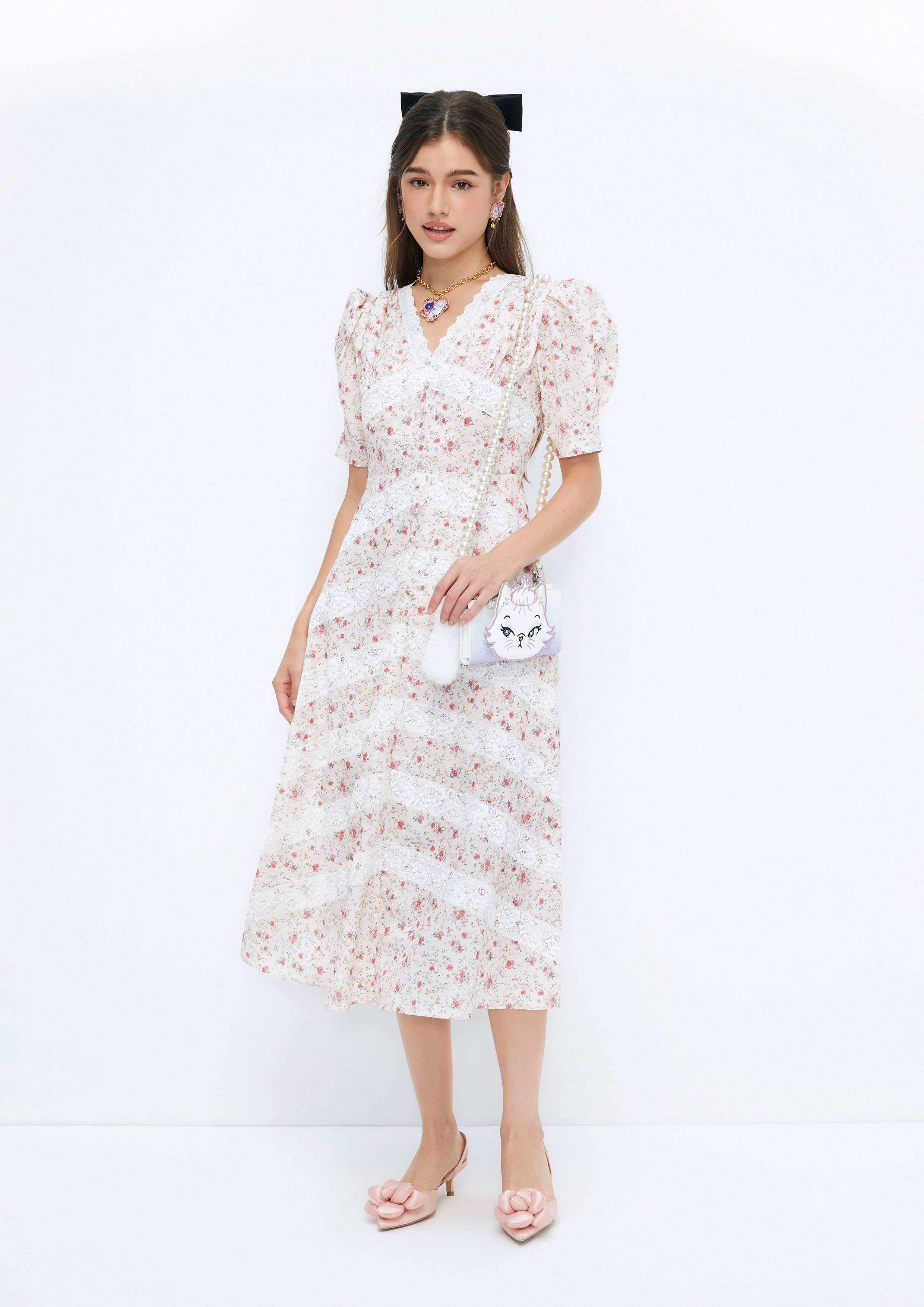 Floral Printed Lace Panels Short Sleeve Midi Dress Soleviva Vacation Collection