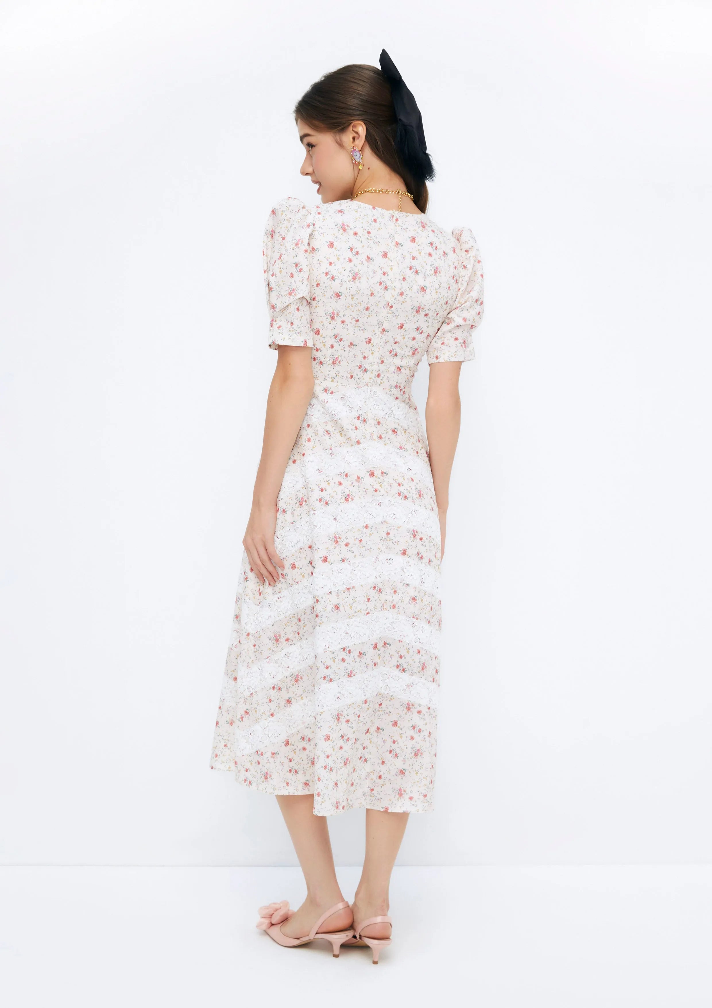 Floral Printed Lace Panels Short Sleeve Midi Dress Soleviva Vacation Collection