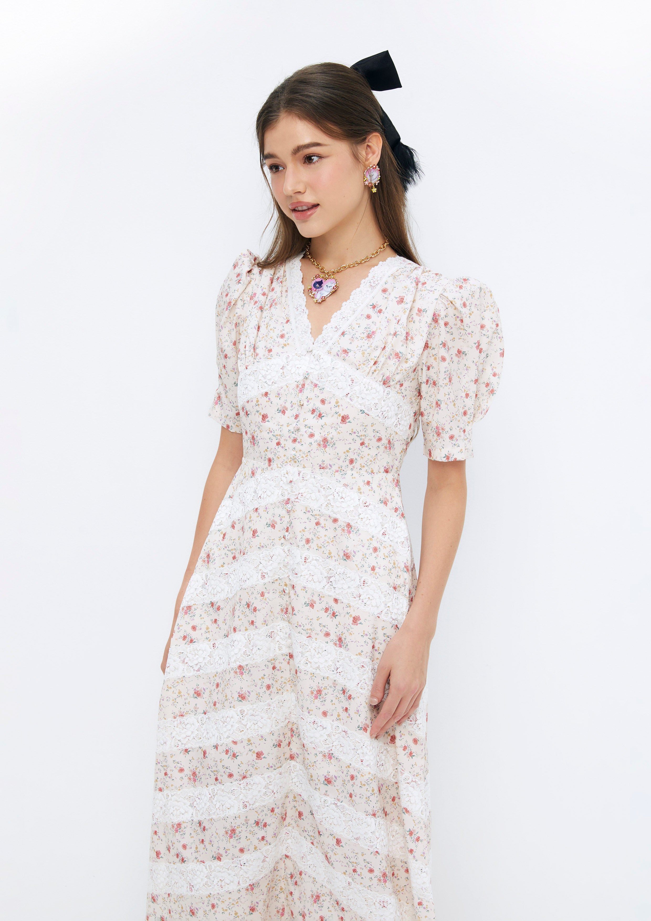 Floral Printed Lace Panels Short Sleeve Midi Dress Soleviva Vacation Collection