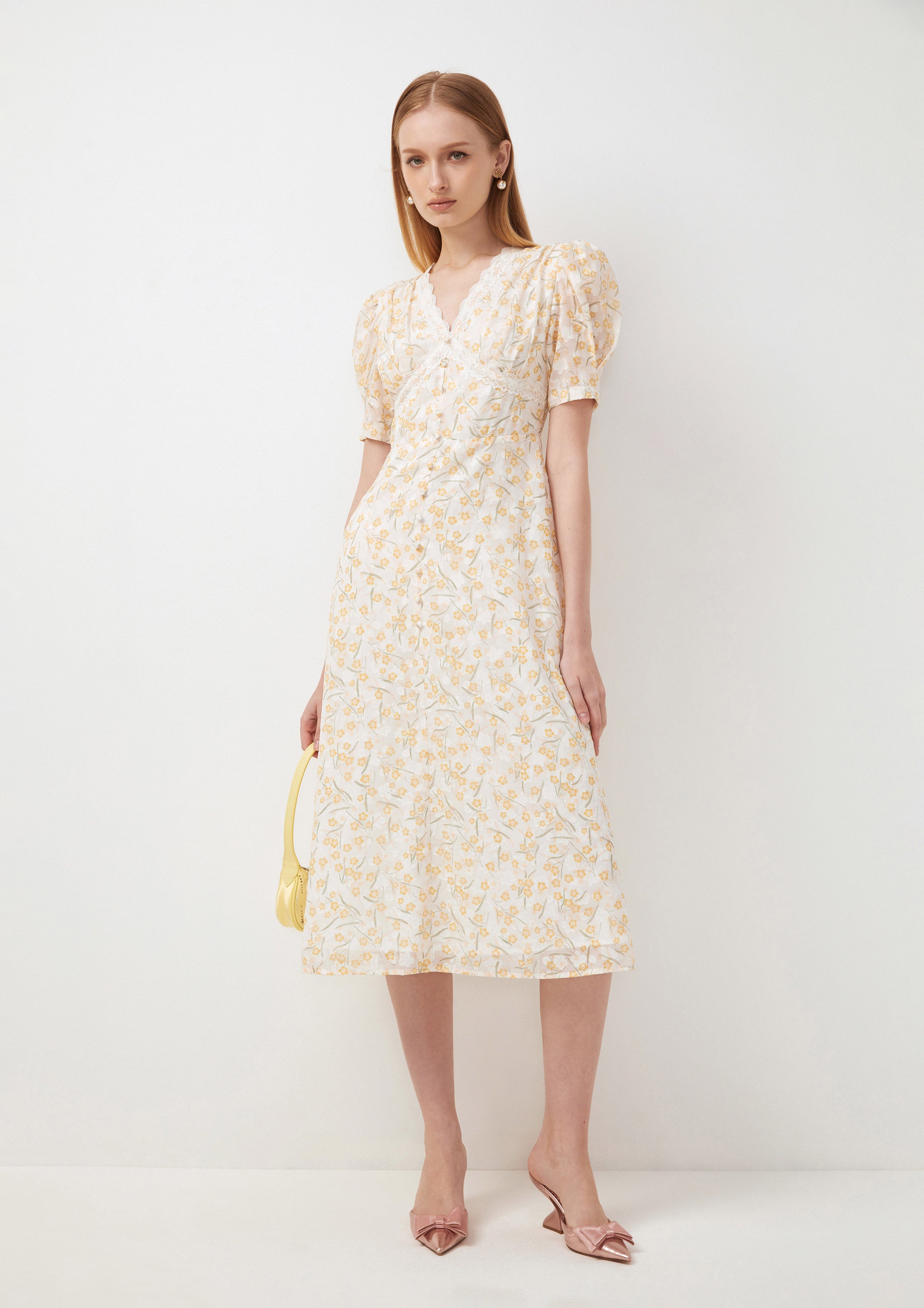 Floral Print Puff Sleeve Midi Dress Joyful Bloom